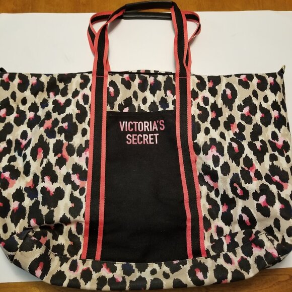 Victoria's Secret Zip Top Tote VS Pink Leopard Print Canvas Weekender Tote Bag - Picture 11 of 12